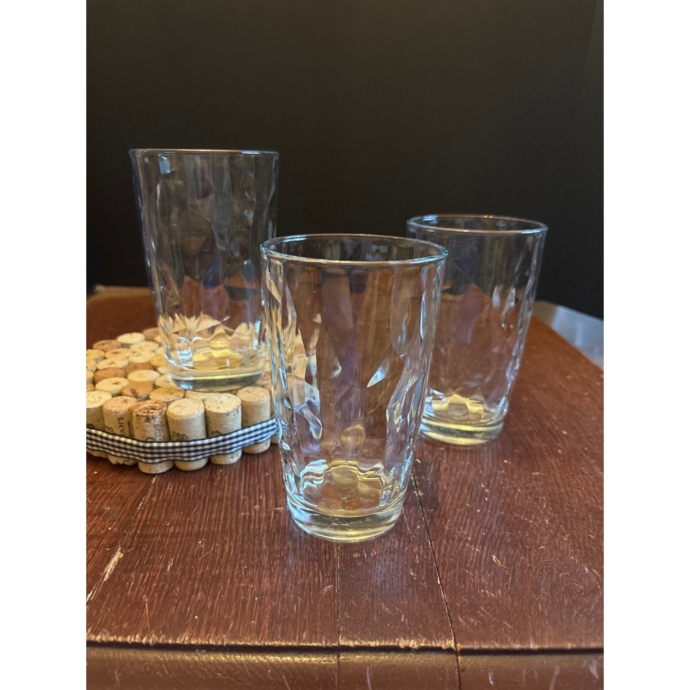 VTG Optic Diamond Crinkle Clear Glass Tumblers Highball Water Glasses Set of 3